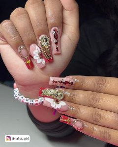 Red Acrylic Nails With Rhinestones