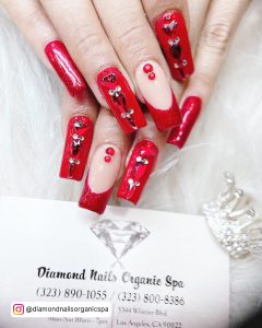 Red And Black Coffin Nails With Diamonds