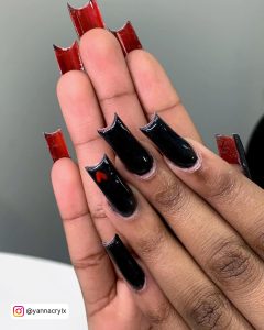 Red And Black Heart Nails In Coffin Shape