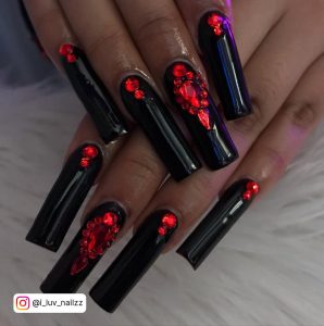 Red And Black Long Nails With Rhinestones