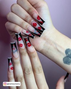 Red And Black Nails Long With Lips