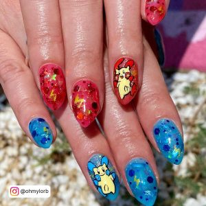 Red And Blue Acrylic Nails With Cartoons