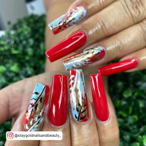 Red And Blue Christmas Nails In Coffin Shape