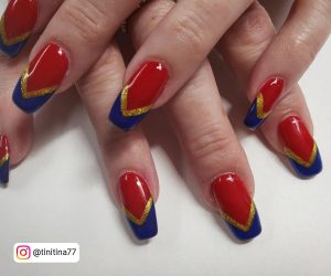 Red And Blue Nail Art Designs With Golden Line