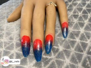 Red And Blue Ombre Nails With Glitter
