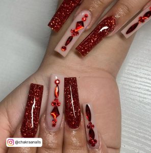 Red And Gold Nails With Diamonds