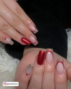 Red And Gold Nails With Rhinestones