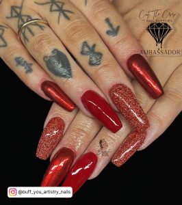 Red And Silver Glitter Coffin Nails