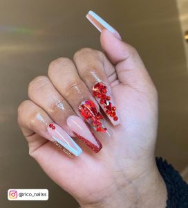 Red And Silver Nails With Rhinestones