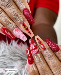 Red And White Nails Coffin