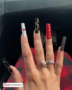 Red And White Nails With Rhinestones