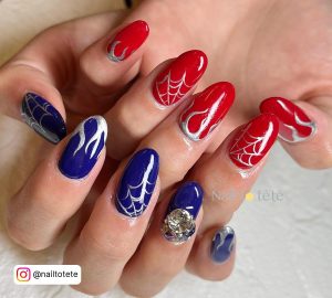 Red Blue And Silver Nails With Flames