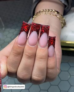 Red Coffin Nails With Glitter
