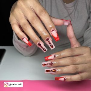 Red Coffin Nails With Rhinestones