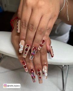 Red Glitter Nails With Rhinestones