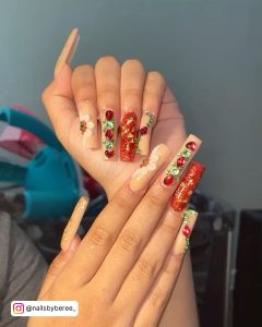Red Gold Rhinestones Christmas French Nails