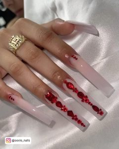 Red Long Nails With Diamonds
