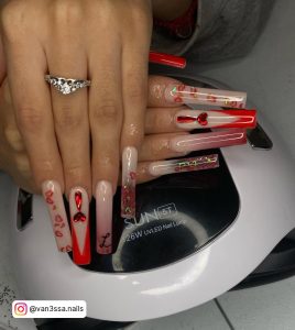 Red Long Nails With Diamonds