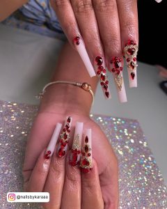 Red Nails Design With Diamonds