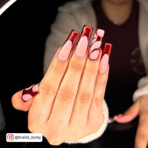Red Nails With Chrome