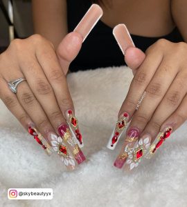 Red Nails With Diamond