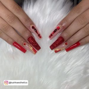 Red Nails With Diamonds Coffin