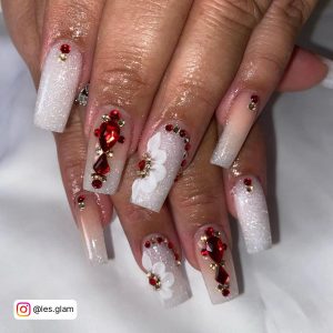 Red Nails With Rhinestone