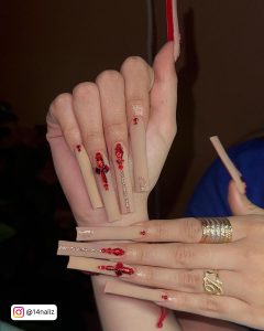 Red Nails With Rhinestones