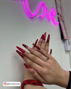 Red Nails With White Glitter