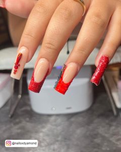 Red Square Nails With Glitter