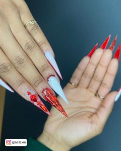 Red Stiletto Nails With Rhinestones