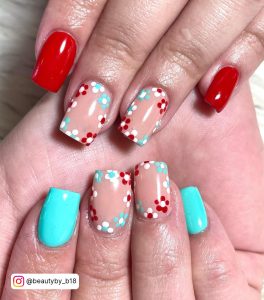 Red White And Blue Acrylic Nails With Flowers