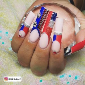 Red White And Blue Coffin Nails With Embellishments