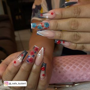 Red White And Blue French Tip Nails With Flowers