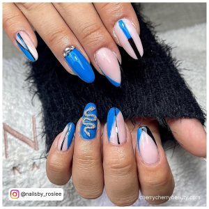 Royal Blue And Black Acrylic Nails With Snakes