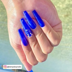 Royal Blue Nails Coffin With Diamonds