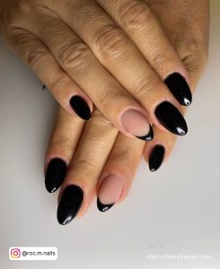 Short Almond Nails Black With French Tip Design