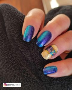 Short Blue And Gold Nails