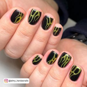 Short Square Black Nails With Golden Design