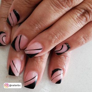 Short Square Nails Black With Lines