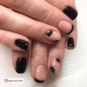 Simple Black And Yellow Nails With Flowers