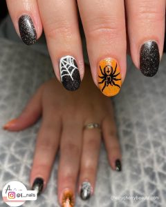 Simple Orange And Black Nail Designs With Glitter
