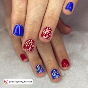 Simple Red White And Blue Nail Designs With Flowers