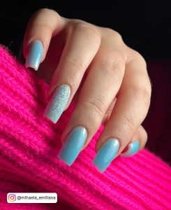 Sky Blue And Silver Nails With Glitter
