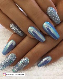 Sky Blue Chrome Nails With Glitter