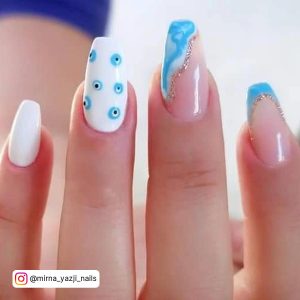 Sky Blue Coffin Nail Designs With White Combination