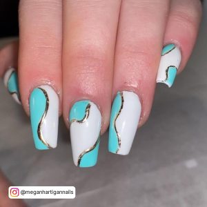Sky Blue Coffin Nails With Golden Swirls