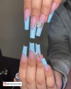 Sky Blue French Tip Nails 1.5 With Butterfly Embellishments