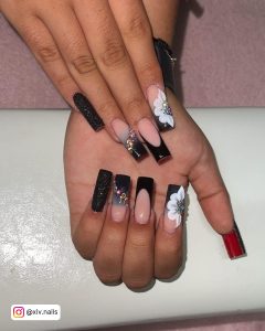 Square Acrylic Nails Black With Flowers