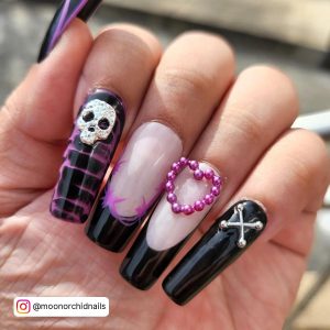 Square Black Nails Long With Pink And White Embellishments